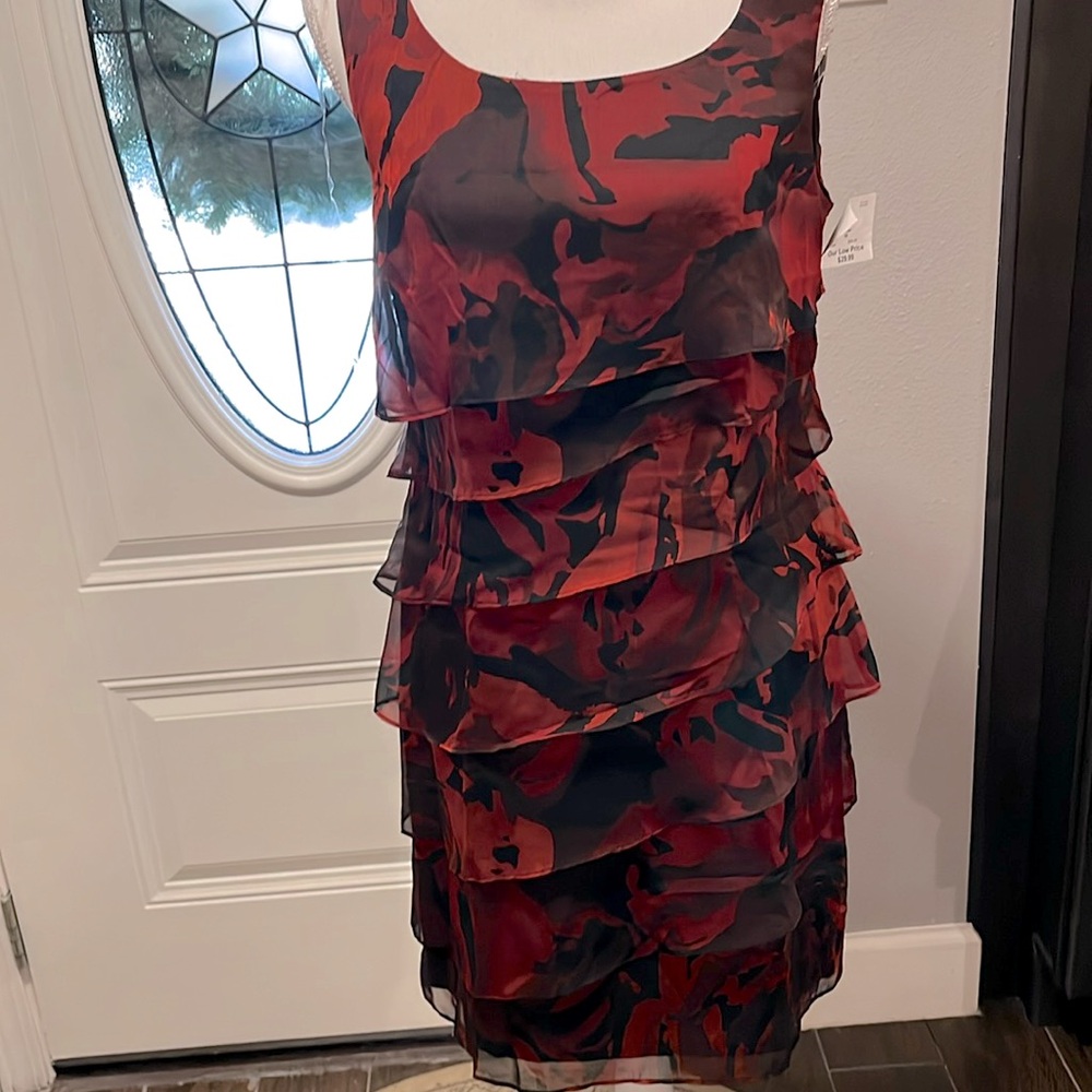 Connected Apparel Black & Dark Red sleeveless Dress. Layers of wide ruffles